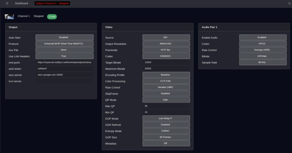 settings panel for whip protocol configuration in osprey video interface