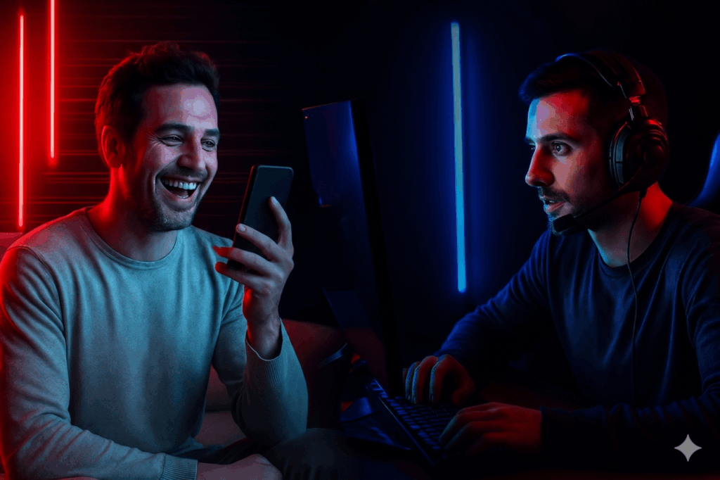 two men streaming with rtmp protocol with vibrant led lighting