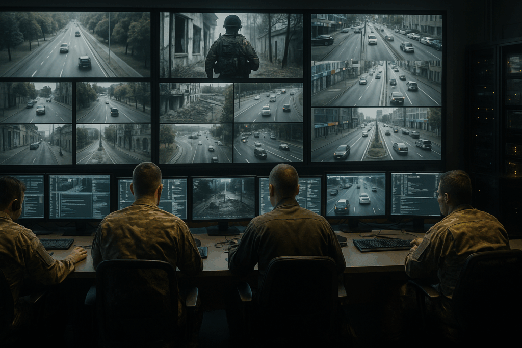 military command center operation room watching real time data streaming from isolated offline environments
