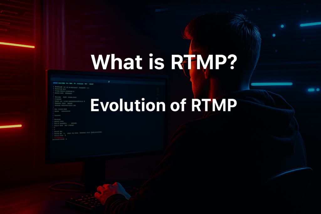 a developer writing linux code to set up an rtmp server, illuminated by red and blue led lights