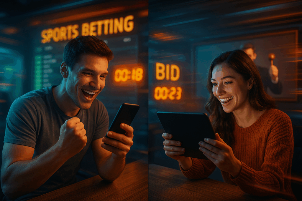 what makes real time auctions similar to sports betting man sports betting, woman bidding in real-time auction, both excited
