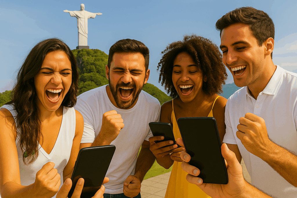 a group of brazilian friends watching a sports game and placing bets