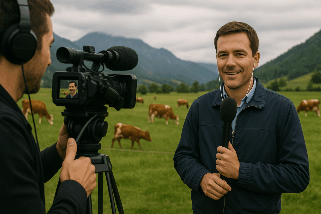 news broadcasting from rural areas reporter giving live interview in field