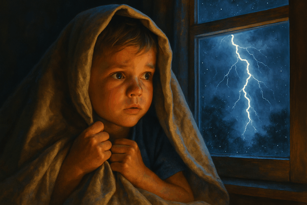 child watches the lightning cautiously child watches the lightning cautiously