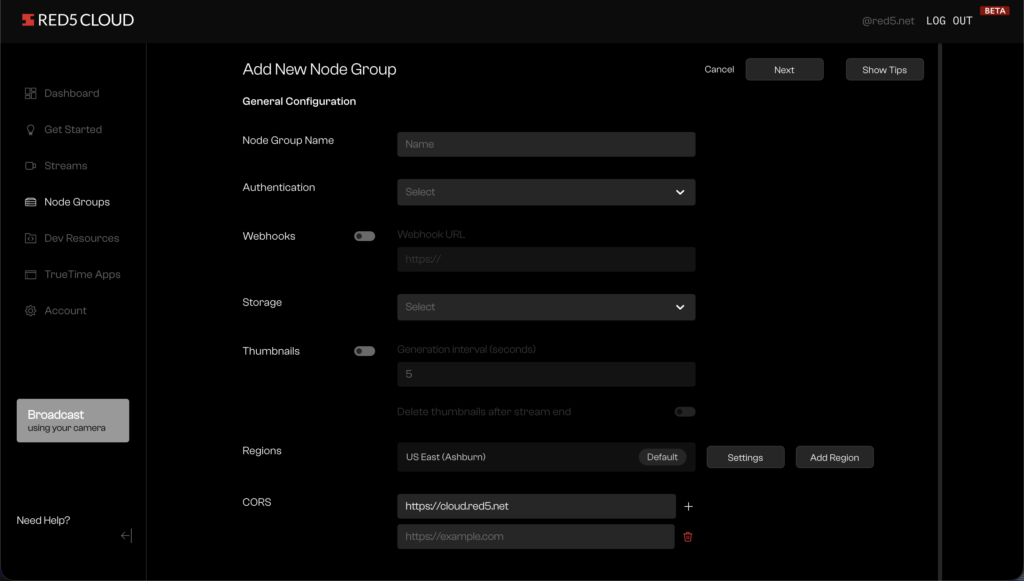 cors configuration available in ui cors configuration available in red5 cloud ui