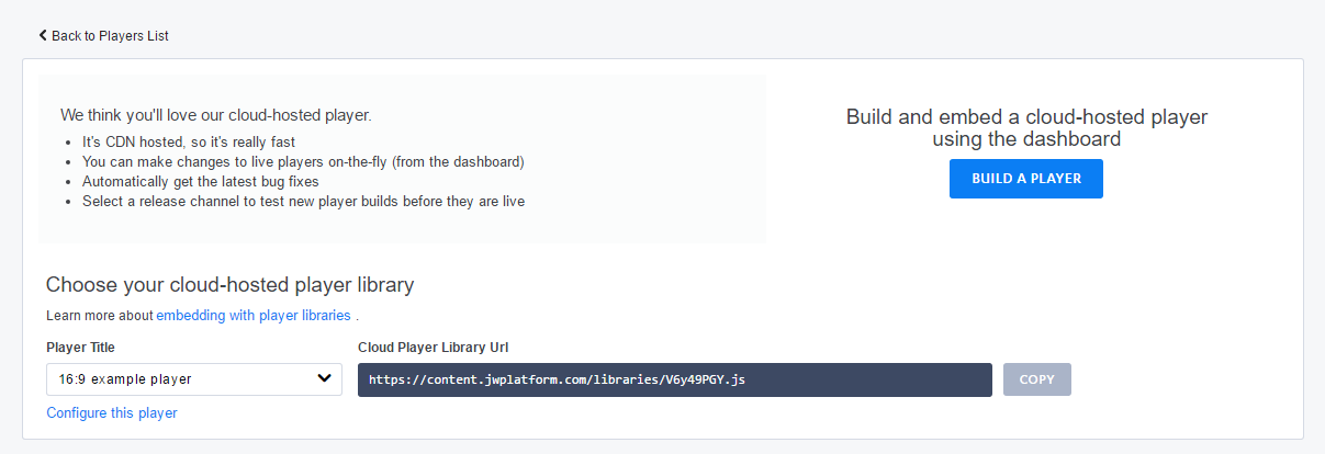 JWplayer Dashboard - Player libraries