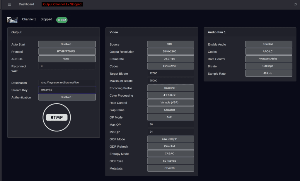 Settings panel for RTMP protocol configuration Osprey Talon