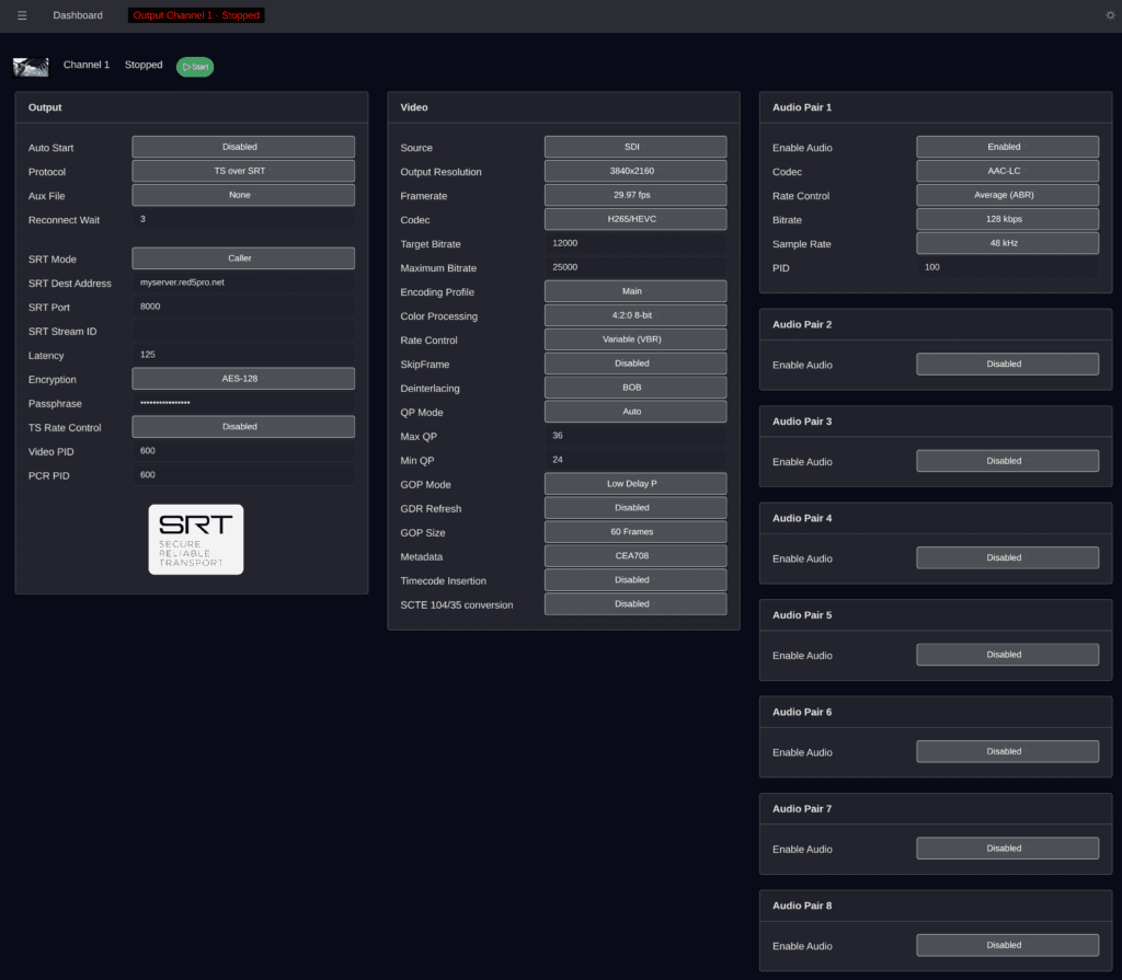 Osprey Talon Settings panel for SRT protocol configuration for h.265