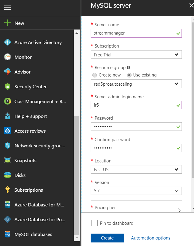 New Azure MySQL Database Server