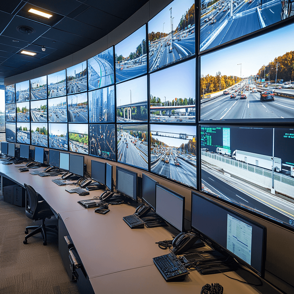 Computer screens displaying surveillance videos on a video wall