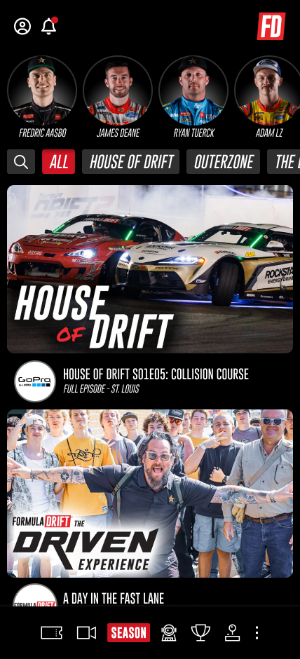 VOD feature example from a real-time motorsports streaming application