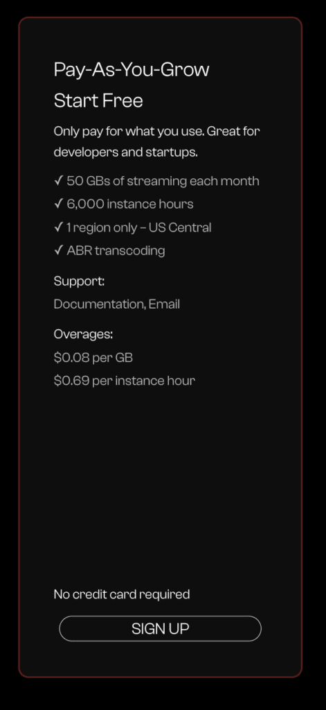 a screenshot listing features available in Red5 Cloud Pay-As-You-Grow plan