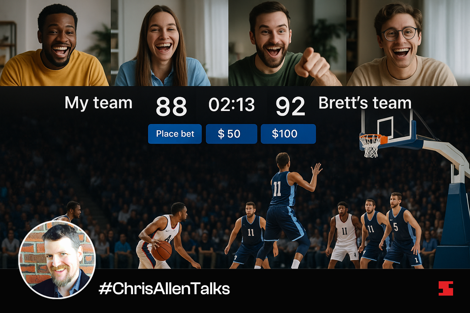 a group of friends watching a basketball game together in video call