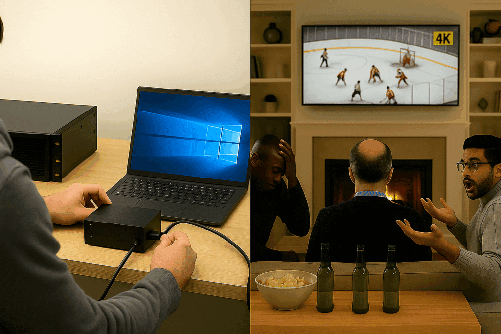 Sports fans watching a hockey game in 4K at home