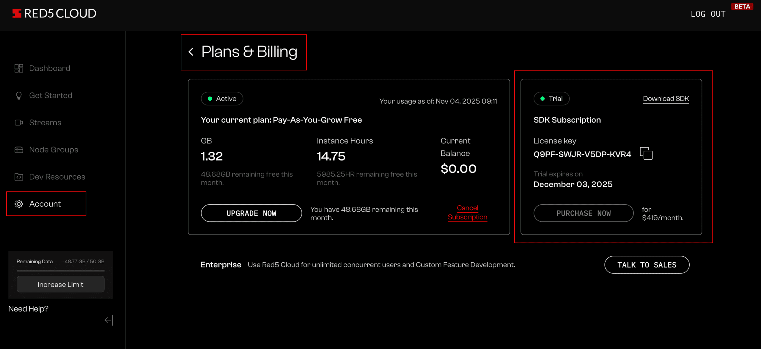 Purchase Red5 SDKs from the Red5 Cloud interface