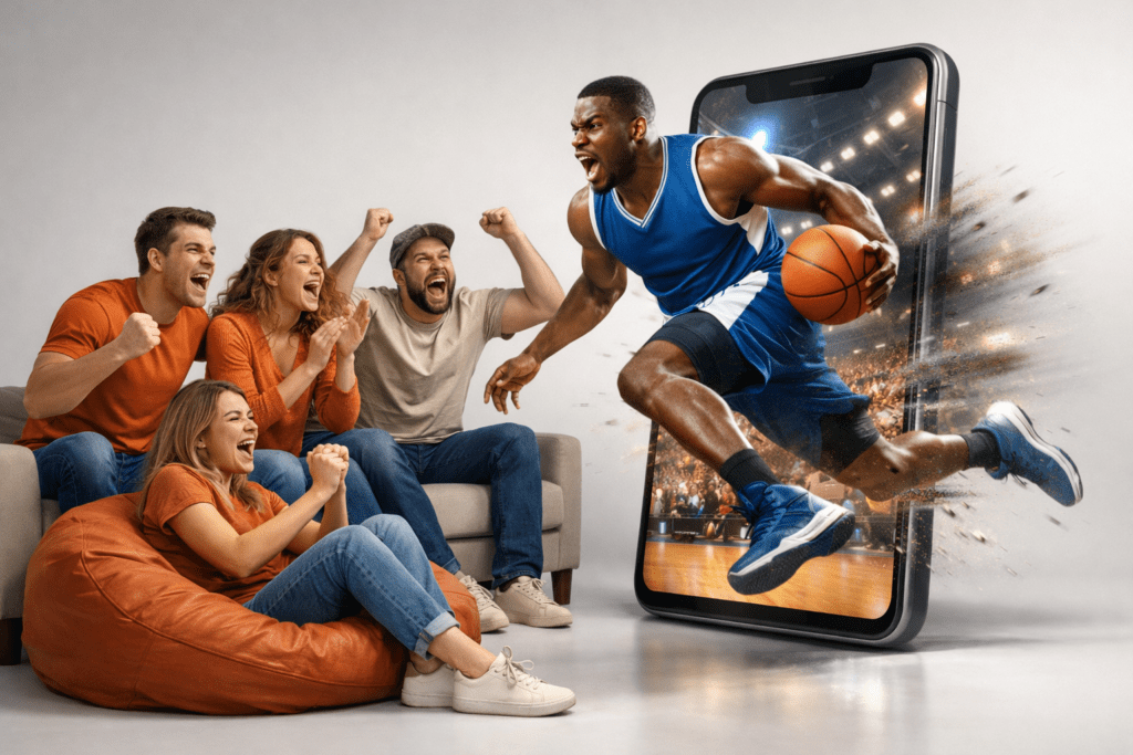 Fans watching basketball sports streaming in real-time on TV